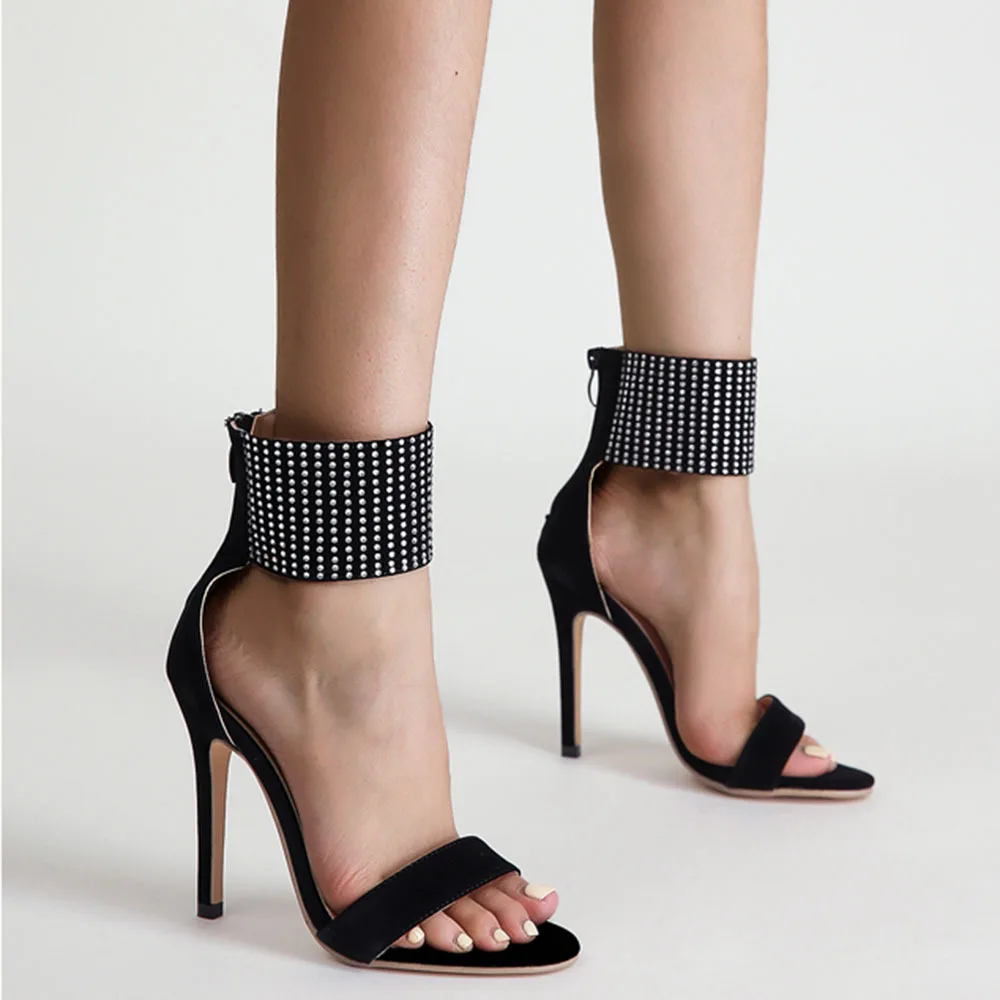 

New 2022 Simple Rhinestone Strap Stiletto Pointed Toe Open Toe Super High Heel Sandals Retro Shoes Women Platform Heels