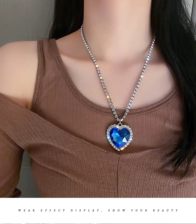 

G&D Luxury Big Crystal Heart Pendant Necklace for Women Rhinestone Collar Titanic Heart Of Ocean Blue Heart Love Jewelry