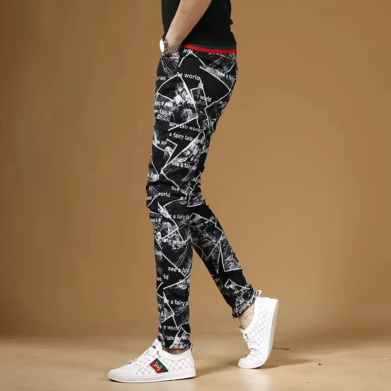 Summer Men Fashion Printed Black Jeans Streetwear Casual Slim Fit Straight Pants Korean Style Digital Printing Denim Trousers