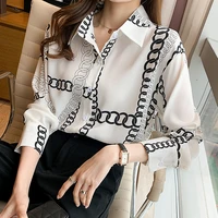 button up satin silk shirt vintage blouse women spring 2022 new elegant silky chain print chiffon long sleeve women shirt 502c