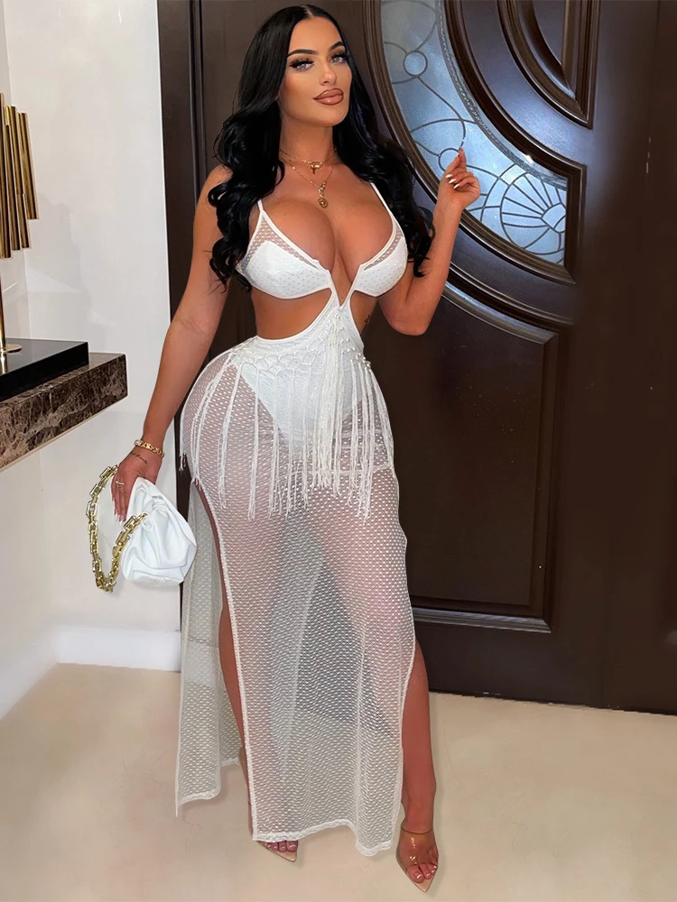 

Женское ажурное платье-миди на бретелях-спагетти, с V-образным вырезом