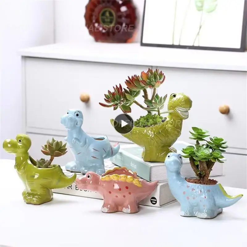 

With Drain Holes Planters Pot Ceramic Flower Pot Cartoon Cute Cartoon Creative Flower Pot Small Ornament Dinosaur Shaped 15*6cm