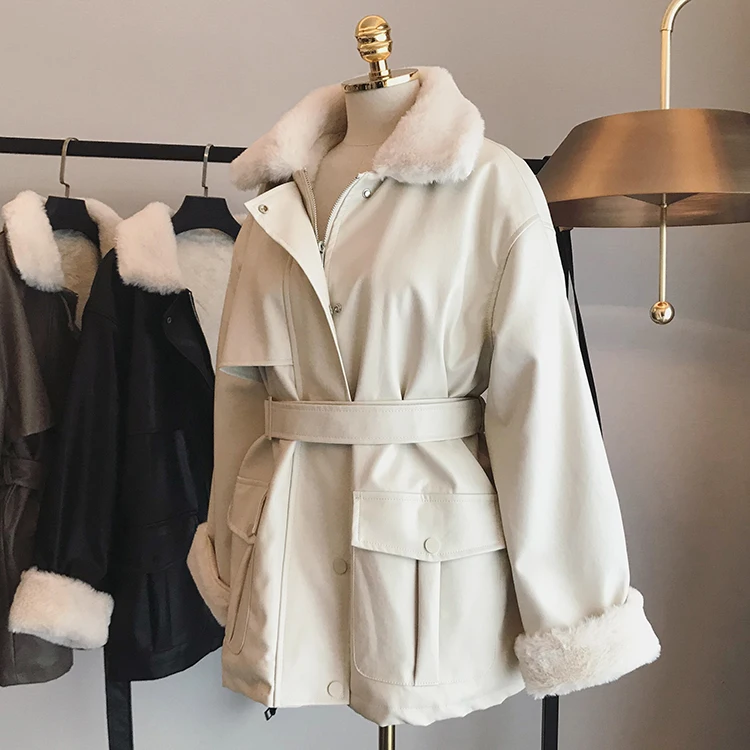 black gothic belt Thick Winter Warm Faux Leather Jacket Long Fur Collar Patchwork Coat Sashes  Waist Women Pu Leather Jackets