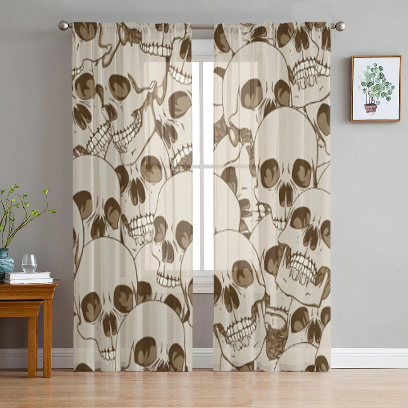 

Шторы на окна с изображением человеческих черепов, винтажные прозрачные Занавески для гостиной, тюлевые драпировки, домашний декор, с принтом, для спальни, кофейни, гостиницы, шторы из шифона