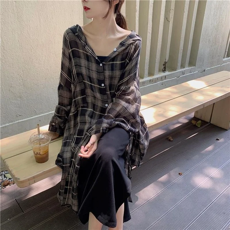 

Casual Plaid Shirts Women Summer Loose Long Sleeve 3XL Vintage Mid-calf Hooded Chiffon Blouses Baggy Sun-proof Outerwear Chic