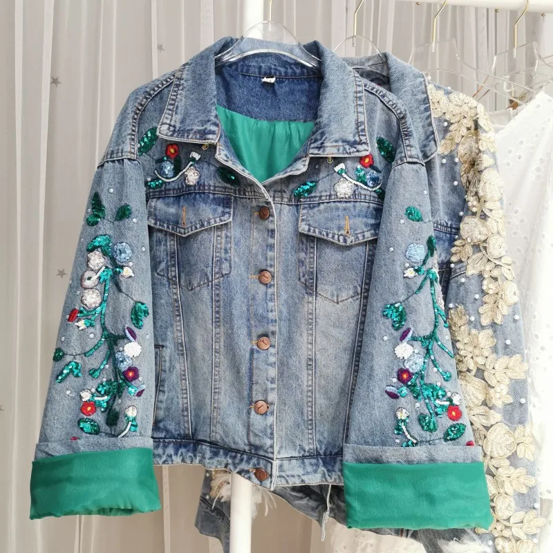 2023 New Spring Autumn Women Denim Jackets Embroidery Sequins Flowers Loose Outwear Long Sleeve Casual Short Jean Coat Trendy