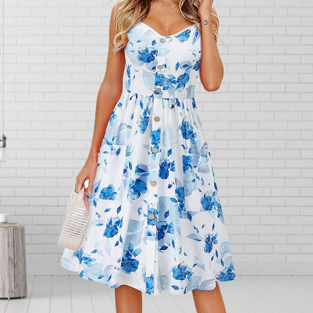 

Sling Dress A-Line Party Dress Elegant Flower Printing Slim Summer Dress