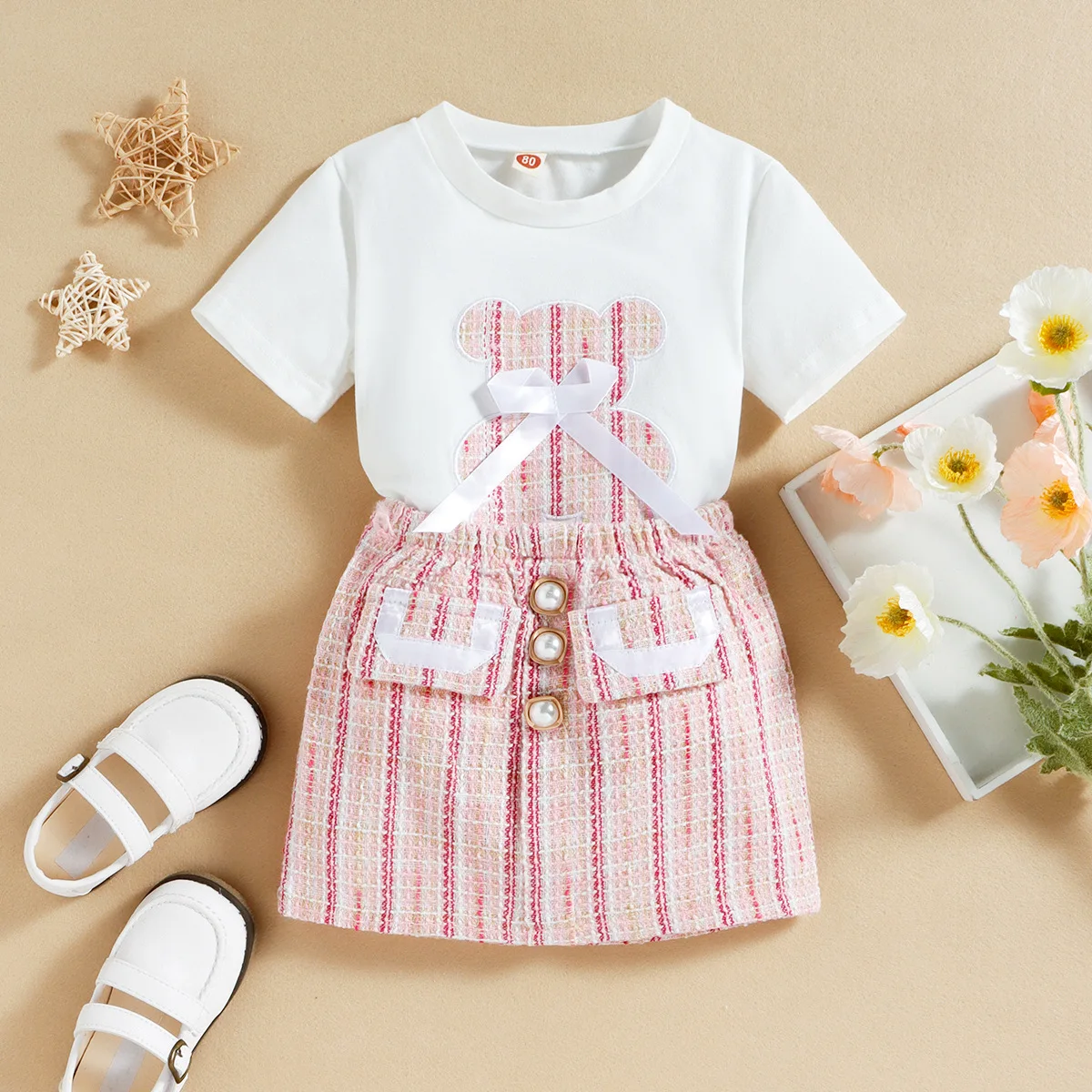 

Summer Children's Short-sleeved T-shirt Fake Pocket Skirt Suit Clothing Two-piece Set Girls Clothes Set 1 To 8 Years