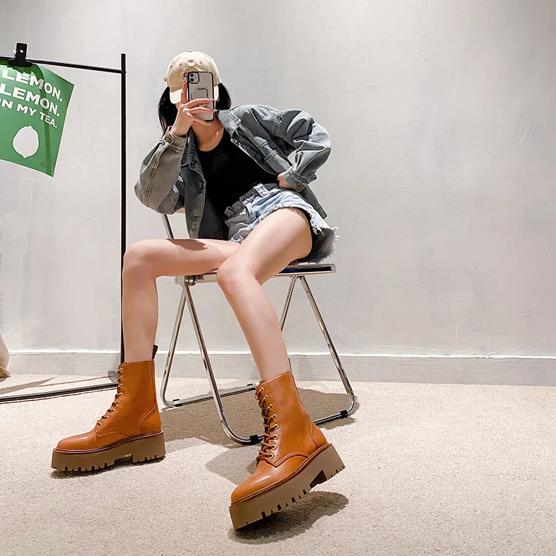 High Quality Platform Martens Boots Women Shoes Black Leather Ankle Boots Punk Shoes Thick Bottom Motorcycle Boots De Mujer