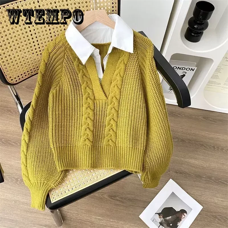 

WTEMPO Fake Two-piece Jumper Autumn Winter Women's Knitwear Japanese Style Retro Long Sleeve Polo Collar Twist Knit Sweater Tops