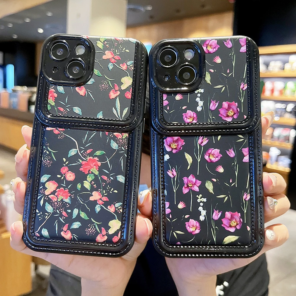 

Vintage Flowers Phone Case For iPhone 11 12 13 14 Pro Max Black Striped Wallet Camera Protection Soft Silicone Back Cover Case