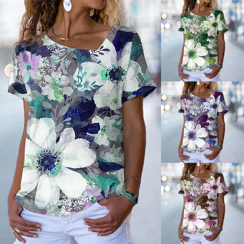 

Женские летние топы с цветочным принтом, новинка 2022, модная женская Повседневная футболка с коротким рукавом и V-образным вырезом, ослабител...