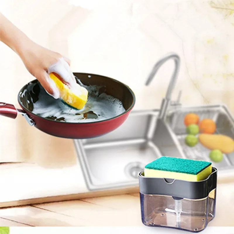 

2 in 1 Scrubbing Liquid Detergent Dispenser Press-Type Liquid Soap Box Pump Organizer With Sponge Kitchen Tool Bathroom Supplies