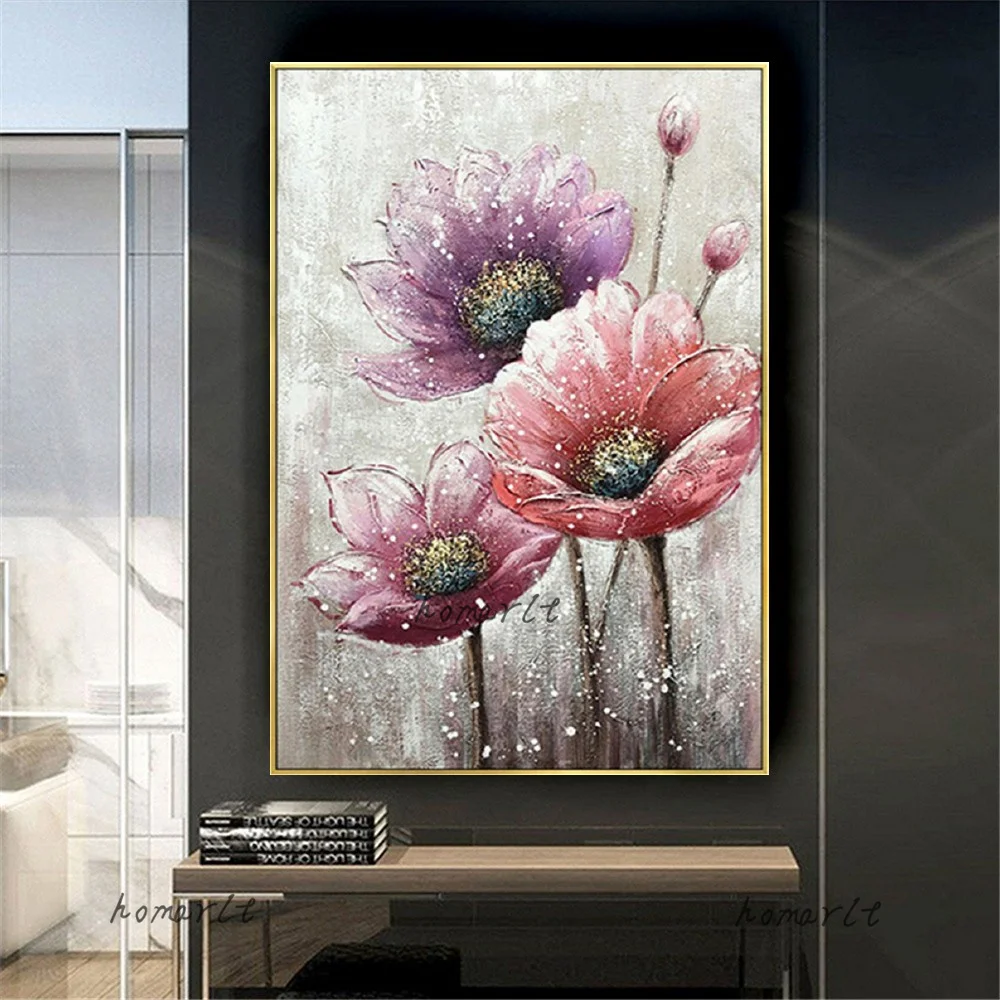

2022 100% Hand Made Modern Abstract Floral Oil Painting Knife Flowers Picture Home Decoration Unframed Lotus Canvas Painting