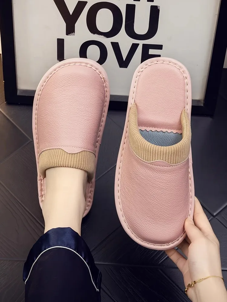 Домашние утолщенные тапочки на мягкой подошве из воловьей кожи