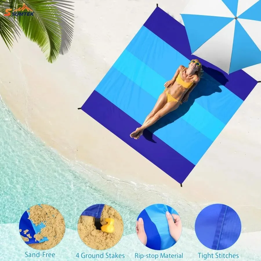 Фото Пляжный коврик SSUNTAK Large Sand Free Beach Mat Color Block из ткани Оксфорд рипстоп с колышками, складной, защищающий от песка, для пляжа и морского побережья №2