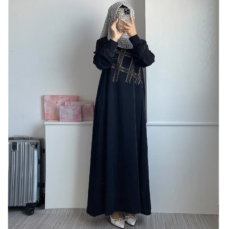 Abaya Muslim Maxi Dress Women With Diamond Arab Dubai Islamic Clothing Robes Autumn New Fashion Loose Casual Muslim Long Dresses