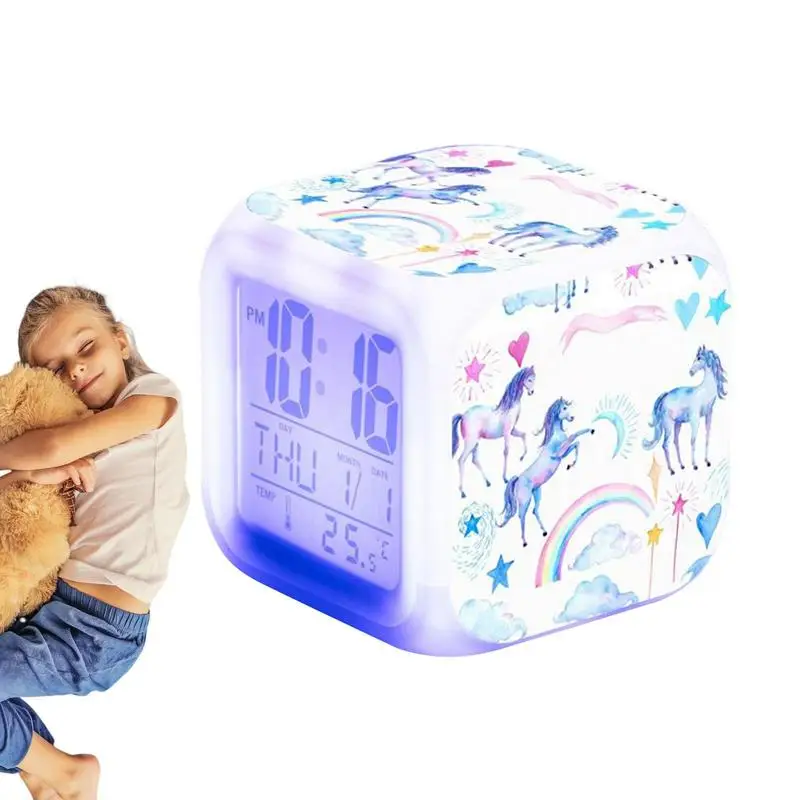 Children Multiple Colors Changing Digital Desk Clocks Night Light Cube Clock Kids Birthday Gifts