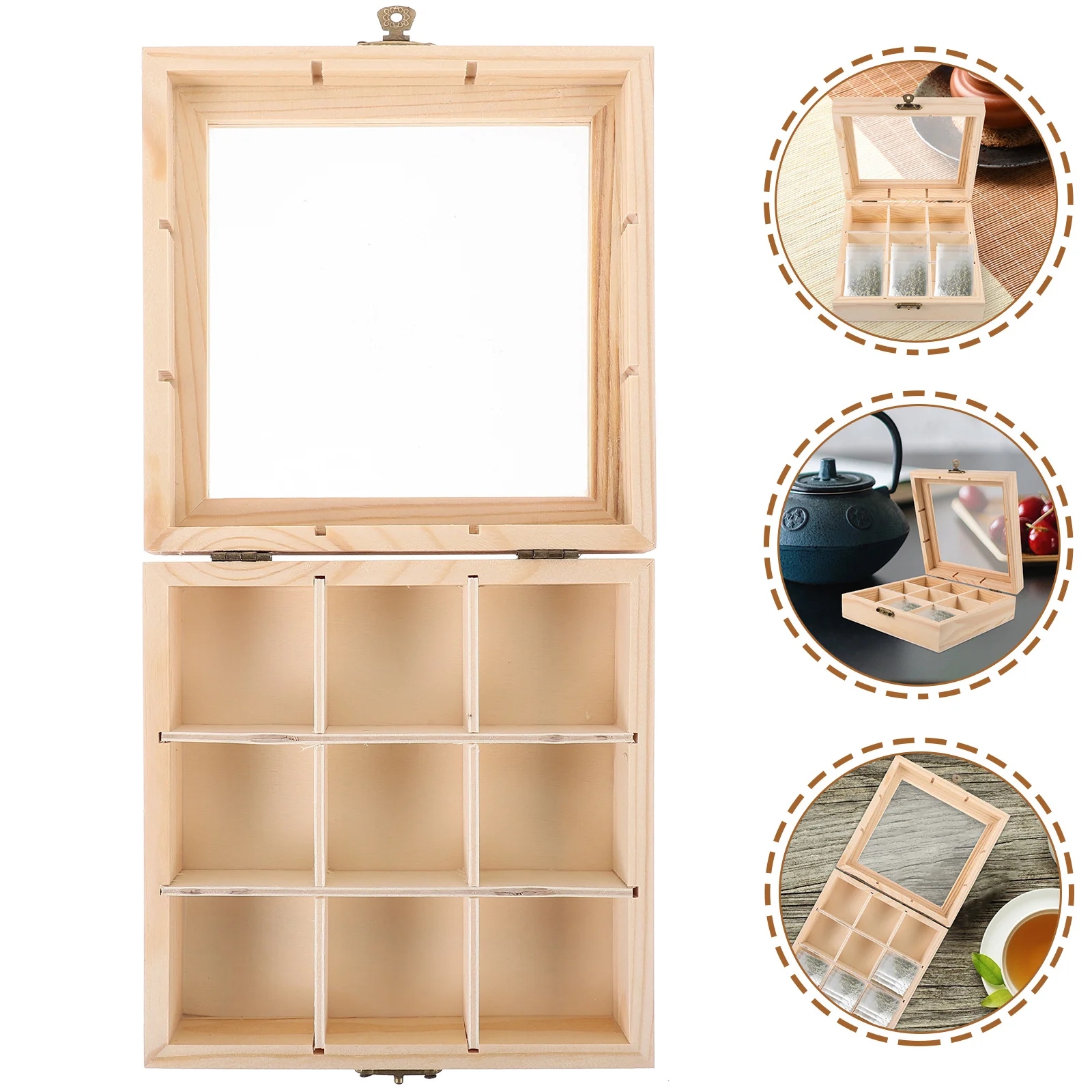 

Tea Bag Countertop Holder Sugar Packet Coffee Organizer 9-Compartment Tea Box Wood Drawer With Window Coffee Tea Box