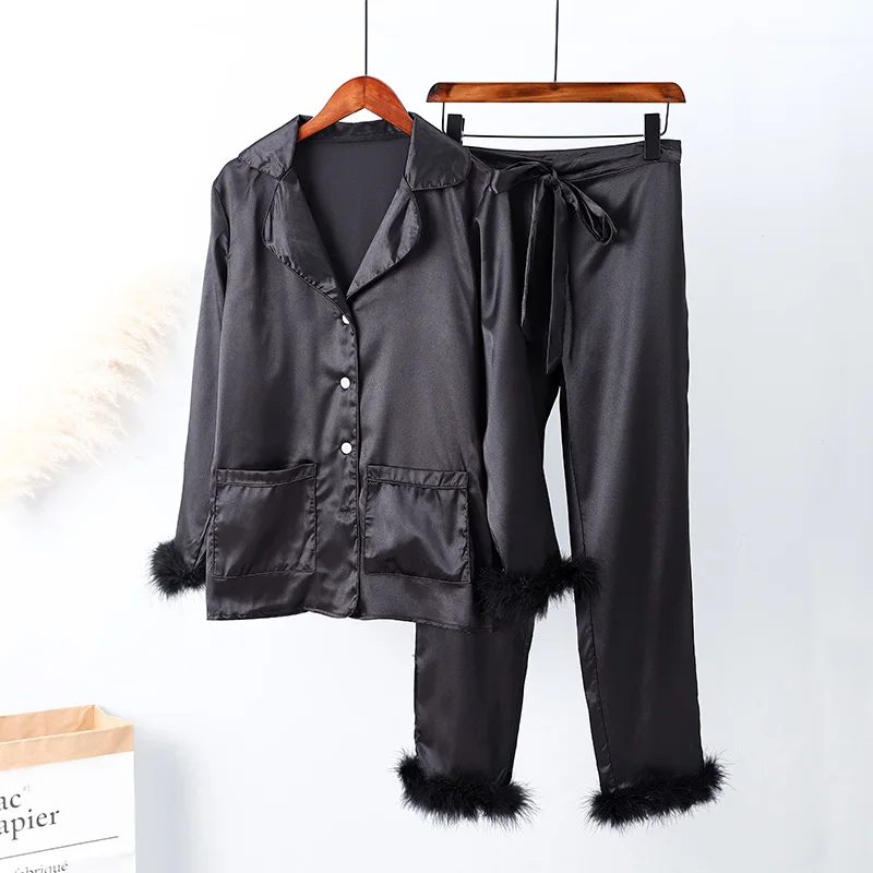 Весенний женский домашний костюм с мягкими перьями топ на пуговицах облегающие