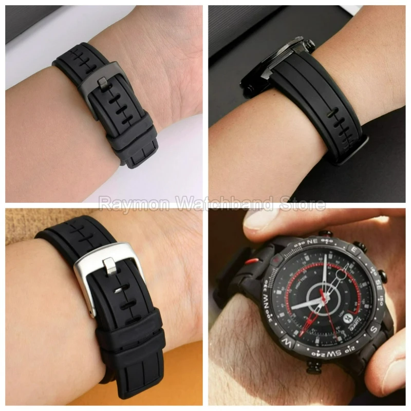 Фото Дышащий термостойкий силиконовый аксессуар для часов Timex T2N721 TW2T76300 TW2V22200, черный выпуклый интерфейсный ремешок 16x24 мм №3