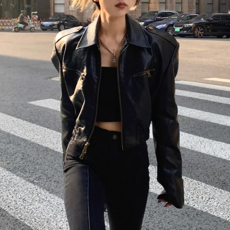 Women Fashion Leather Biker Jacket Full Sleeve Turn Down Collar Zipper Motocycle Genuine Leather TF5287