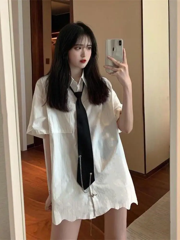 

Женская рубашка с коротким рукавом, дизайнерские топы, готический галстук, Корейская свободная Jk крутая блузка, уличная одежда, Прямая пост...