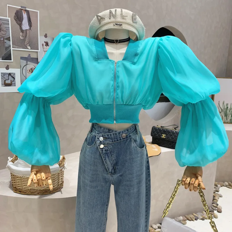 

New Women's Clothing 2022 Spring Fashion sense mesh stitching lantern long sleeve shirt women's short Tops blouse