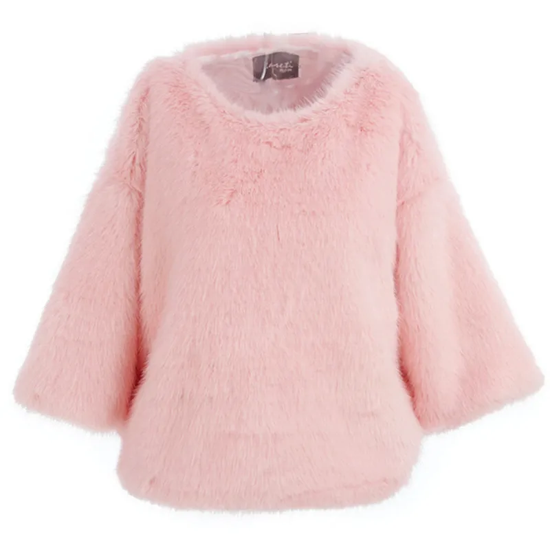 Mink Fur Tops Korean Fashion Pure Color Fluffy Rabbit Fur Short Faux Fur Elegant Flared Sleeves Pullover Winter Plush Sweater