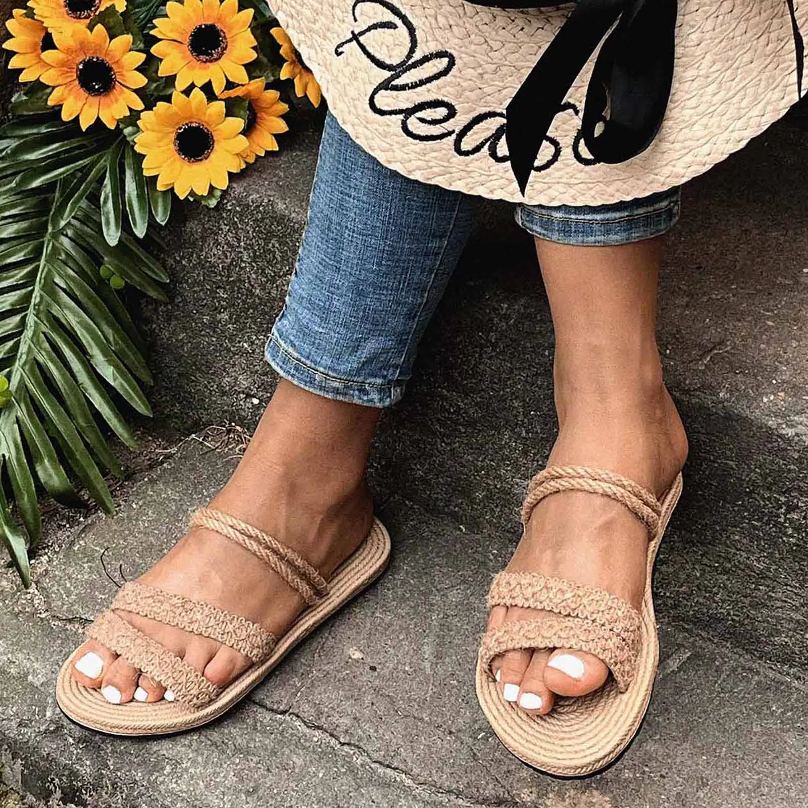 Summer Women Girls Slippers Bohemian Style Flat Casual Sandals Ladies Solid Color Straw Linen Elegant Beach Shoes 2022 |