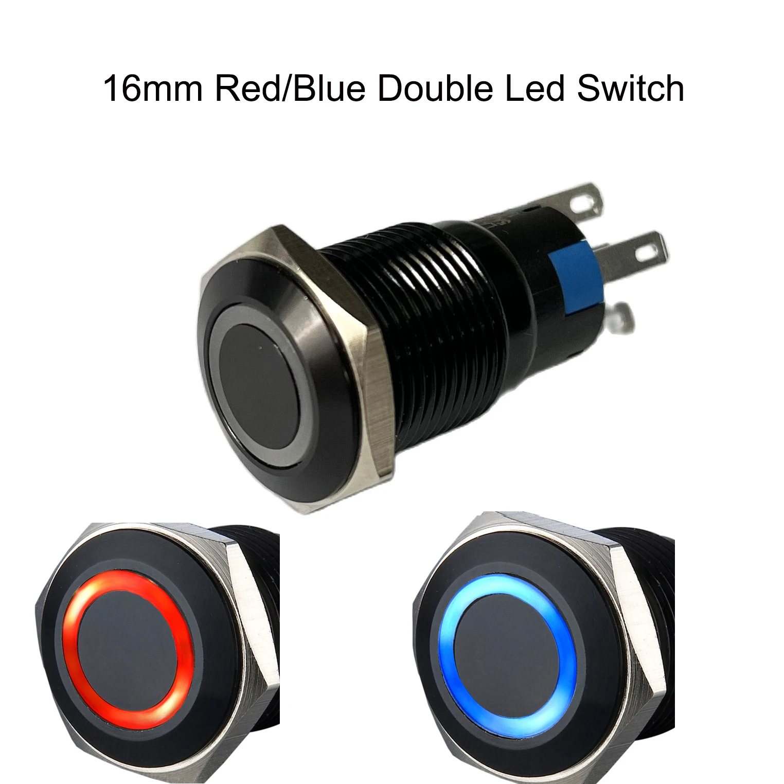 

16mm 3V 6V 12V 24V 220V Dual Color Red/Green Red/Blue LED 1NO1NC Reset Momentary Electric Car Self-Locking Black Shell Switch