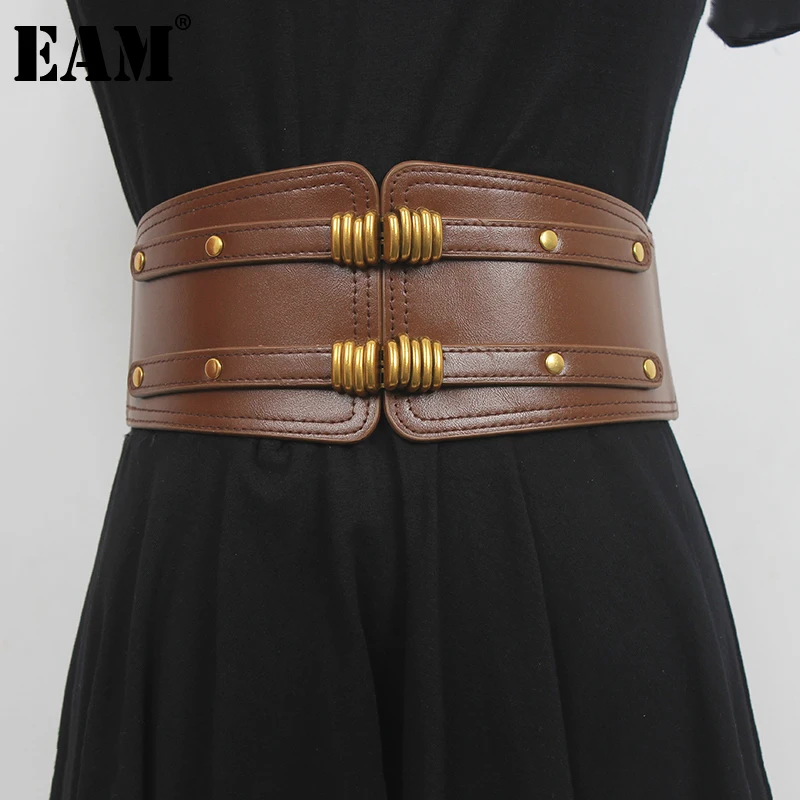 

[EAM] Pu Leather Coffee Buckle Elastic Wide Belt Personality Women New Fashion Tide All-match Spring Autumn 2023 1DE5711