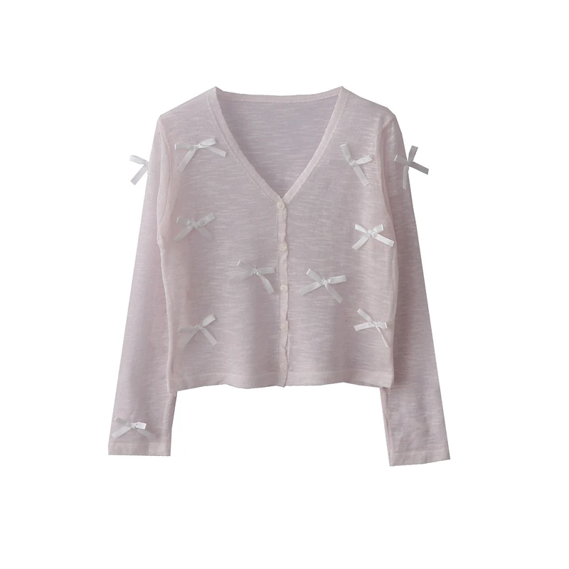 Милый шикарный тонкий вязаный кардиган с бантом женские летние облегающие