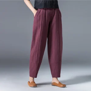 Women's Wide Trousers Vintage Elastic Waist Pocket Cotton Linen Harem Pants Capris Summer Loose Soil in USA (United States)