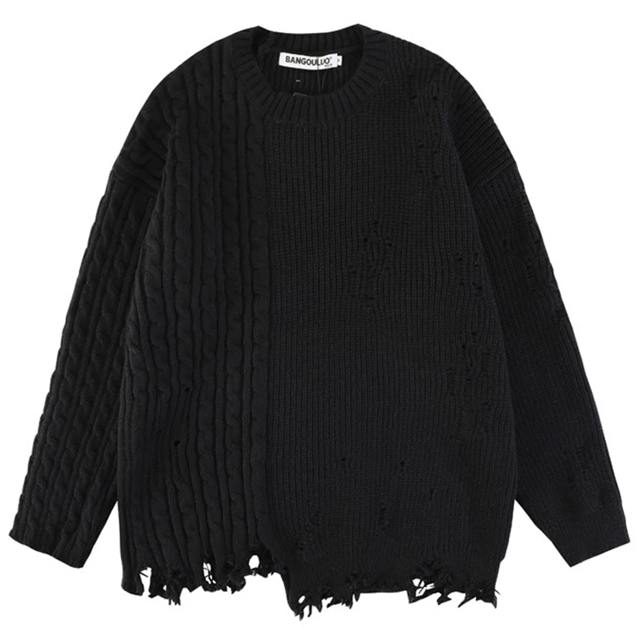 2023 Vintage Sweater Ripped Distressed Patchwork Knitted Jumpers Men Streetwear Harajuku Oversized Sweaters Y2K Pullovers Black