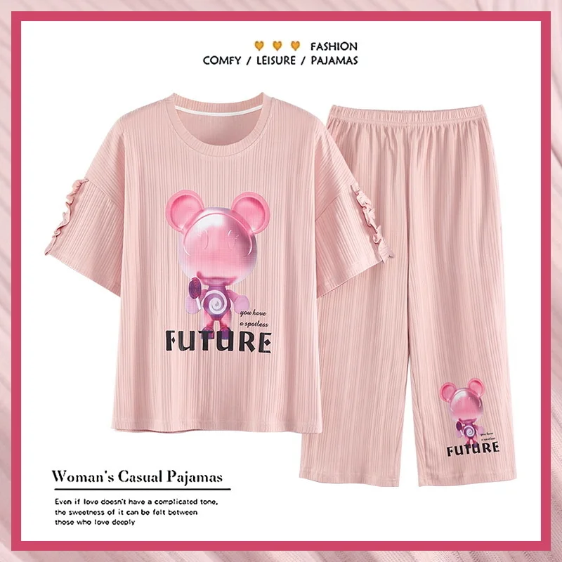 pajamas women's new summer cotton short sleeved pants are sweet and lovely. large clothes suit can be worn outside