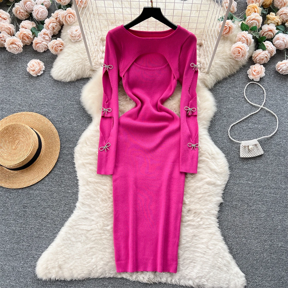 

Clothland Women Sexy Cut Out Knitting Dress Beading Bow Tie Long Sleeve Stretchy Slim Fit One Piece Midi Dresses Vestido QC963