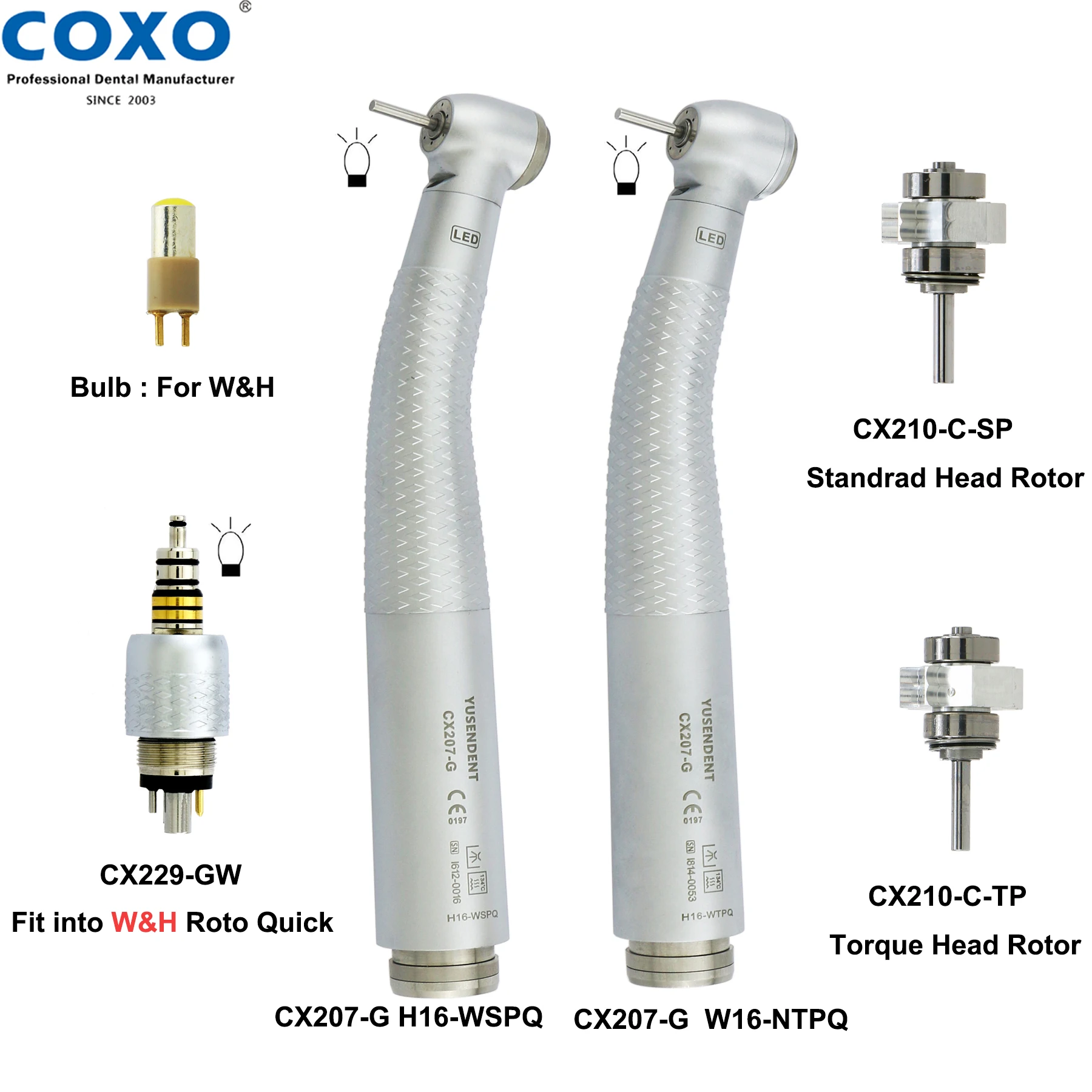 COXO Dental Handpiece Fiber Optic High Speed Handpiece Air Turbine 6 Holes LED Coupler Coupling 6 Pin Fit Into W&H Roto Quick