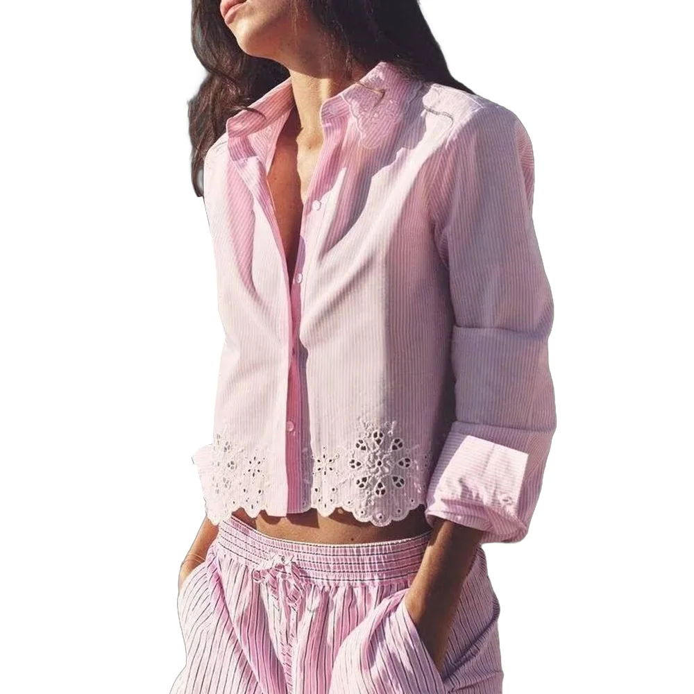 Женская Полосатая Рубашка с ажурной вышивкой милый яркий однобортный Топ