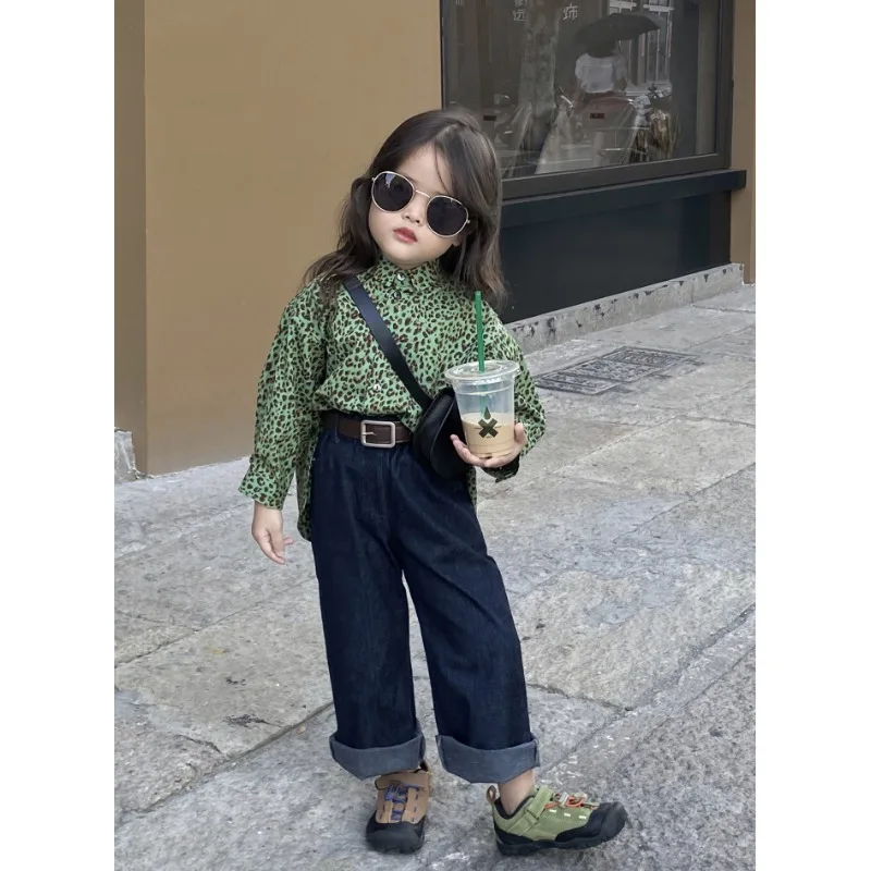 

Рубашка с леопардовым принтом для девочек, Повседневная простая джинсовая рубашка с длинным рукавом, комплект из двух предметов, весна-осень 2023