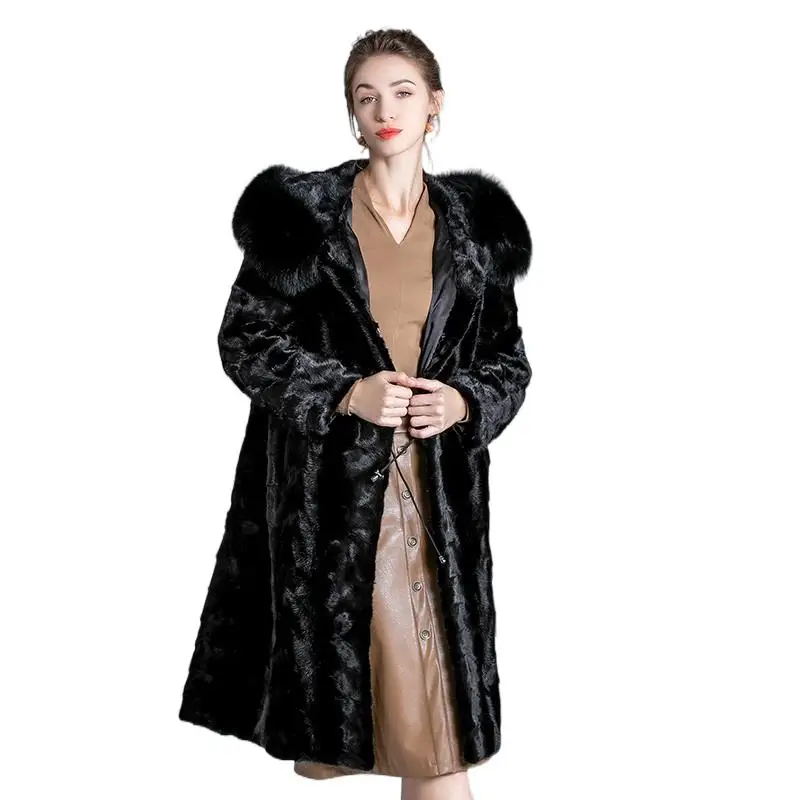 Female Real Mink Fur Long Coats Fox Fur With Hooded Design Real Fur Overcoat Women's Winter Luxury Warm Temperament Fur Outwear