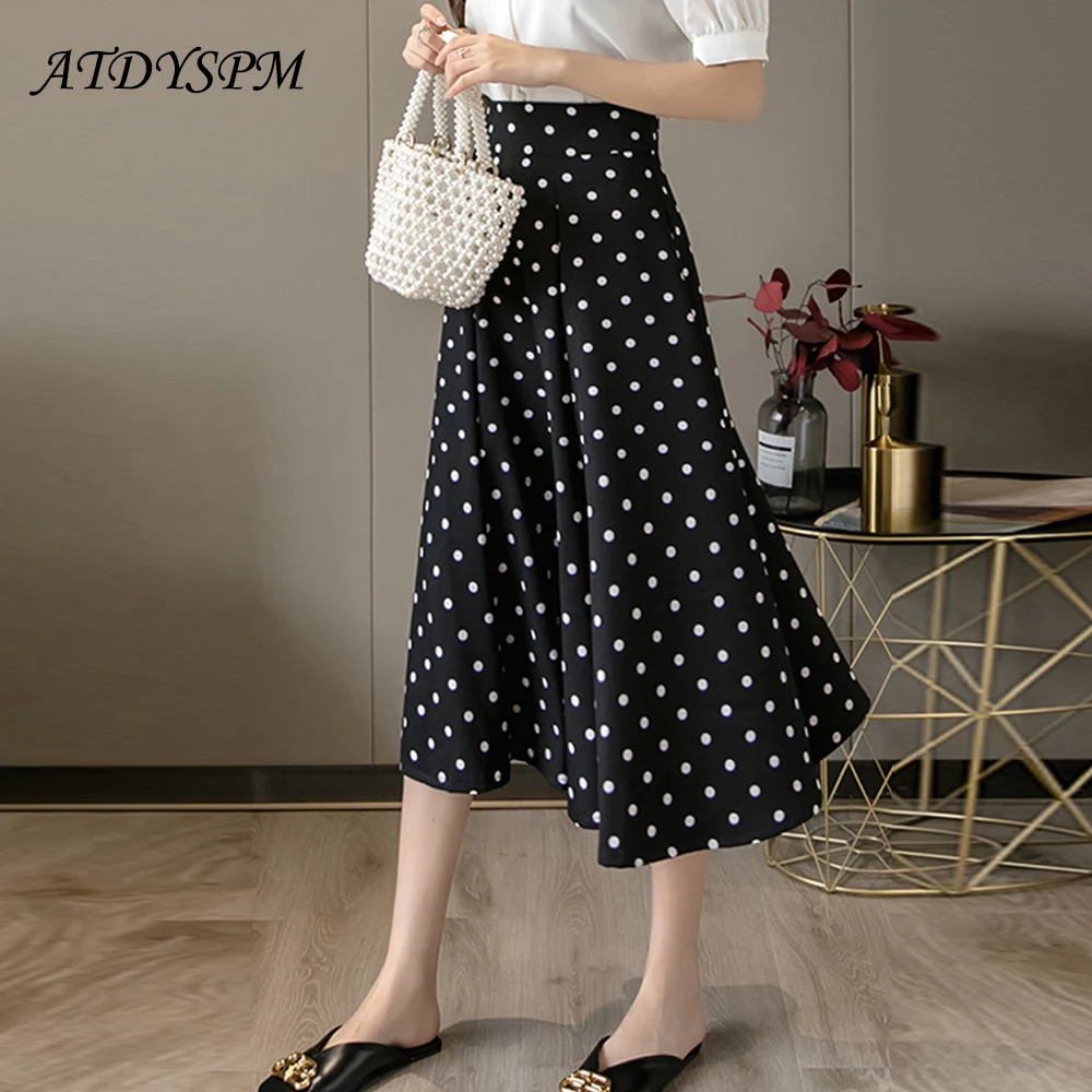 

Women Loose Polka Dot Pleated Skirts Vintage High Waist A-Line Skirt Female Spring Summer Casual Chic Big Swing Skirts 2022