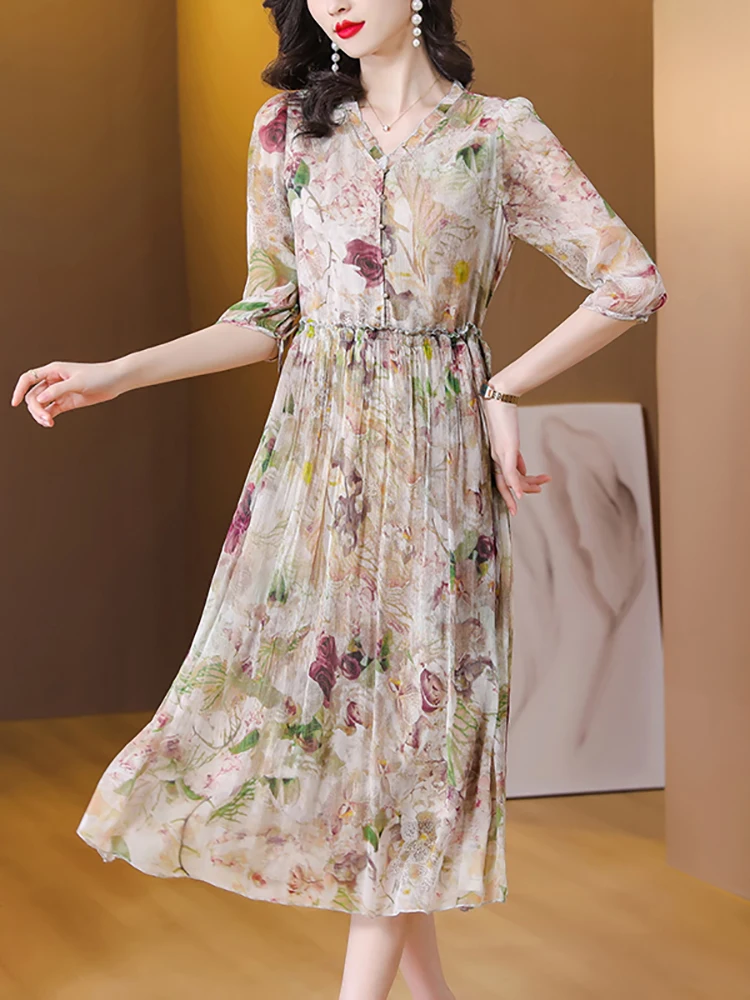 

Dress V-neck Women Chic Elegant Ruffled Fashion Festival Summer Korean Casual Long New Silk Luxury Dress 2023 Floral Beach Dress