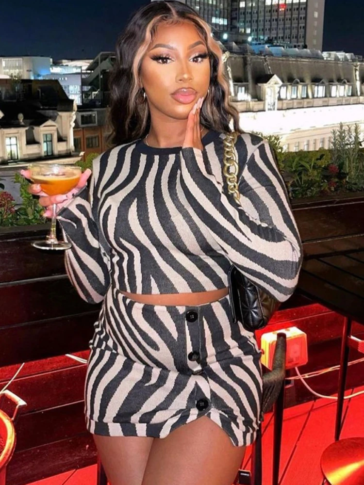 

Casual Two Piece Set for Women Zebra Print O Neck Long Sleeve Tank Tops + Button Fly Mini Skirt Female Street Matching Outfits