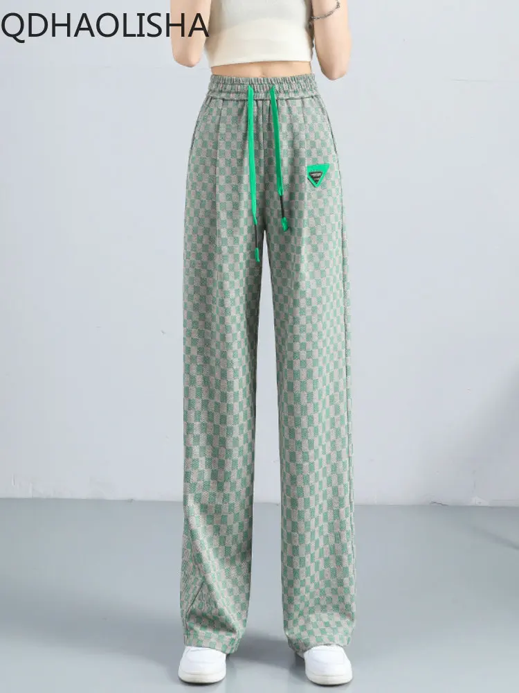 

2023 Spring Autumn New Green Plaid Casual Pants Checkerboard High-waisted Straight Tube Loose Thin Draped Wide Leg Mop Pants