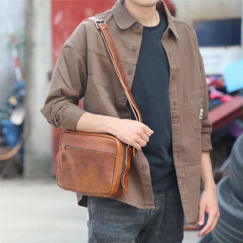 Casual simple luxury genuine leather men crossbody bag vintage natural soft real cowhide outdoor daily travel brown shoulder bag