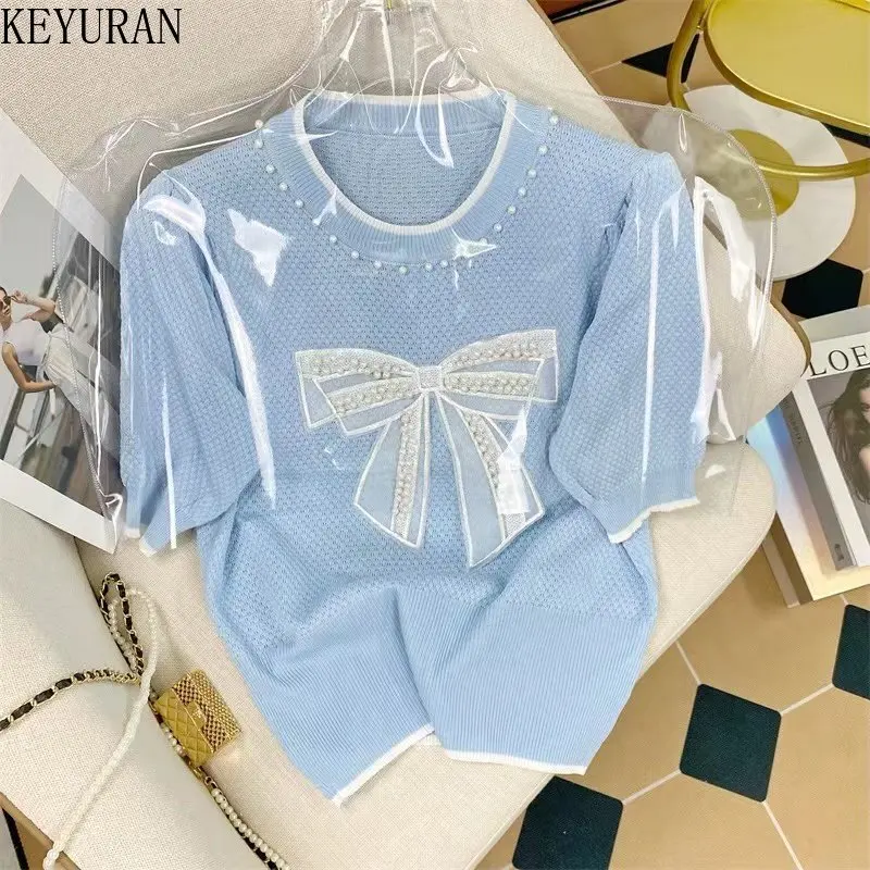 

Spring Summer Pearl Bow Thin Knitted Womens Sweaters 2022 New Korean Chic O-Neck Puff Short Sleeve Knitwear Tops Women T Shirts