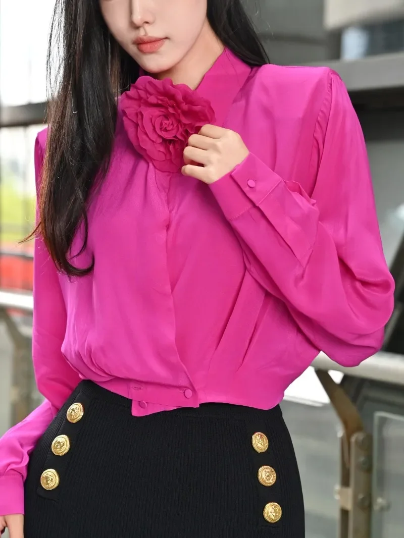 

New 2023 Long Batwing Sleeve Blouse for Women Monochromatic Black Rose Red Button High Quality Female Tops