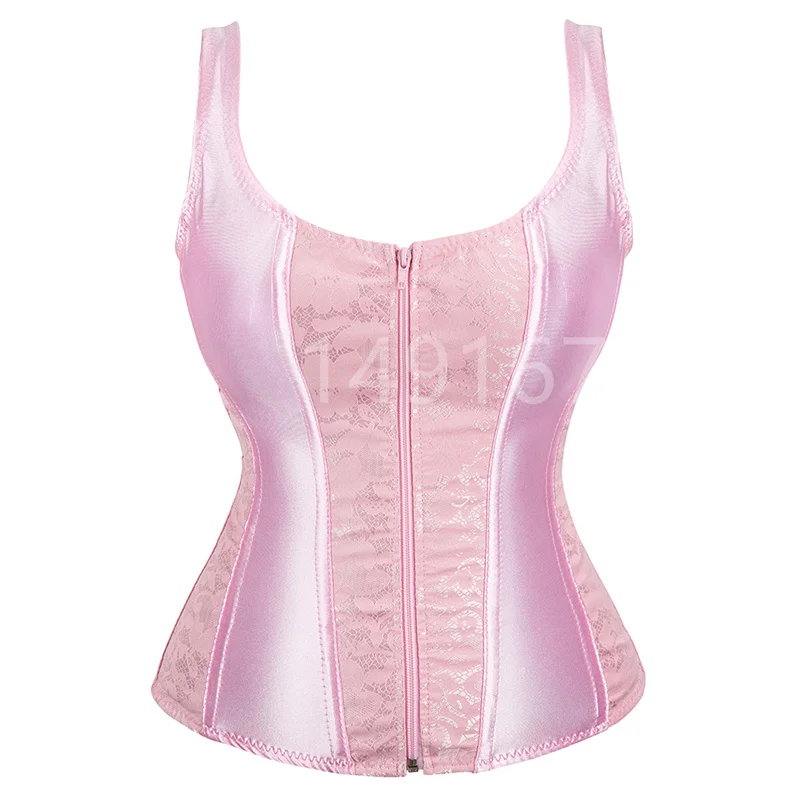 

Pink Corset Bustier Top Zipper Front With Straps Push up Burlesque Overbust Brocade Vintage Style Lace Floral Plus Size Lingerie