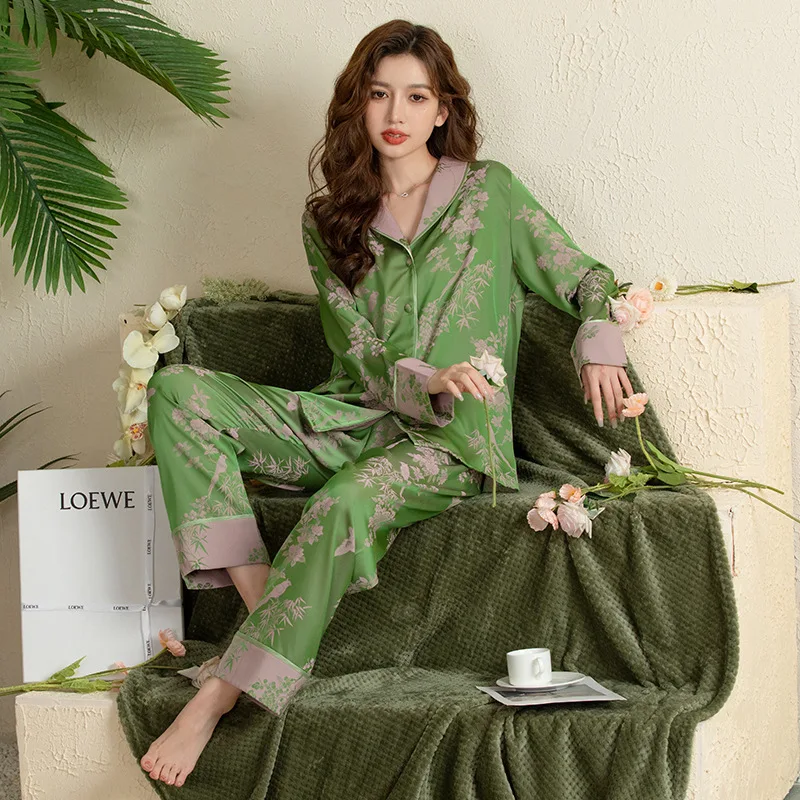 FALLINLAOE Ice Silk Pajamas Women's Spring And Autumn Fashion Printed Flowers Pajama Set Long Sleeve Home Suit Pyjamas